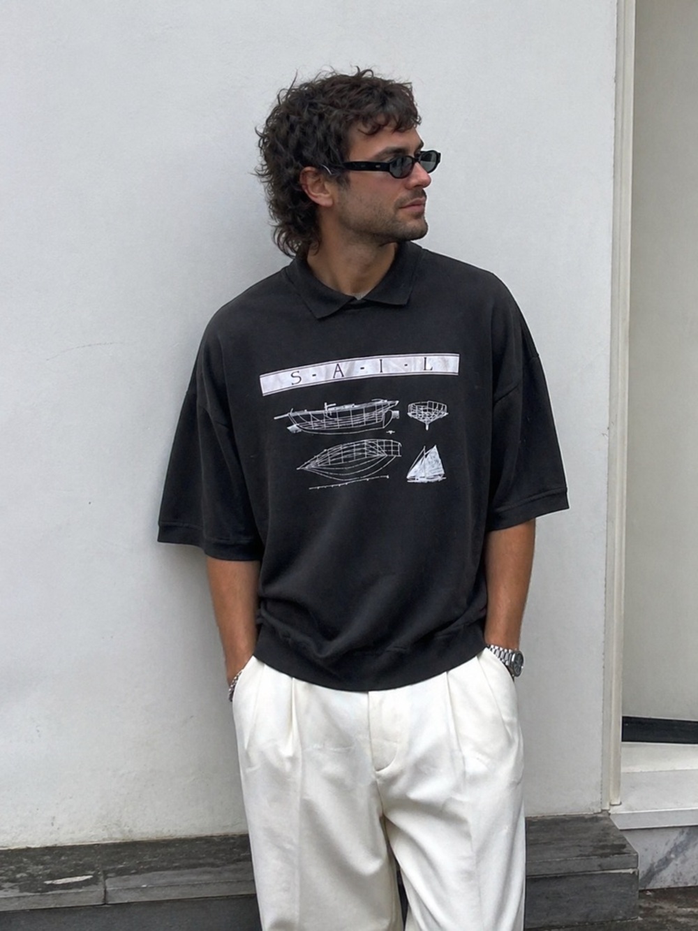 Vintage Serge St. Yves Graphic Polo Shirt with Sail Print